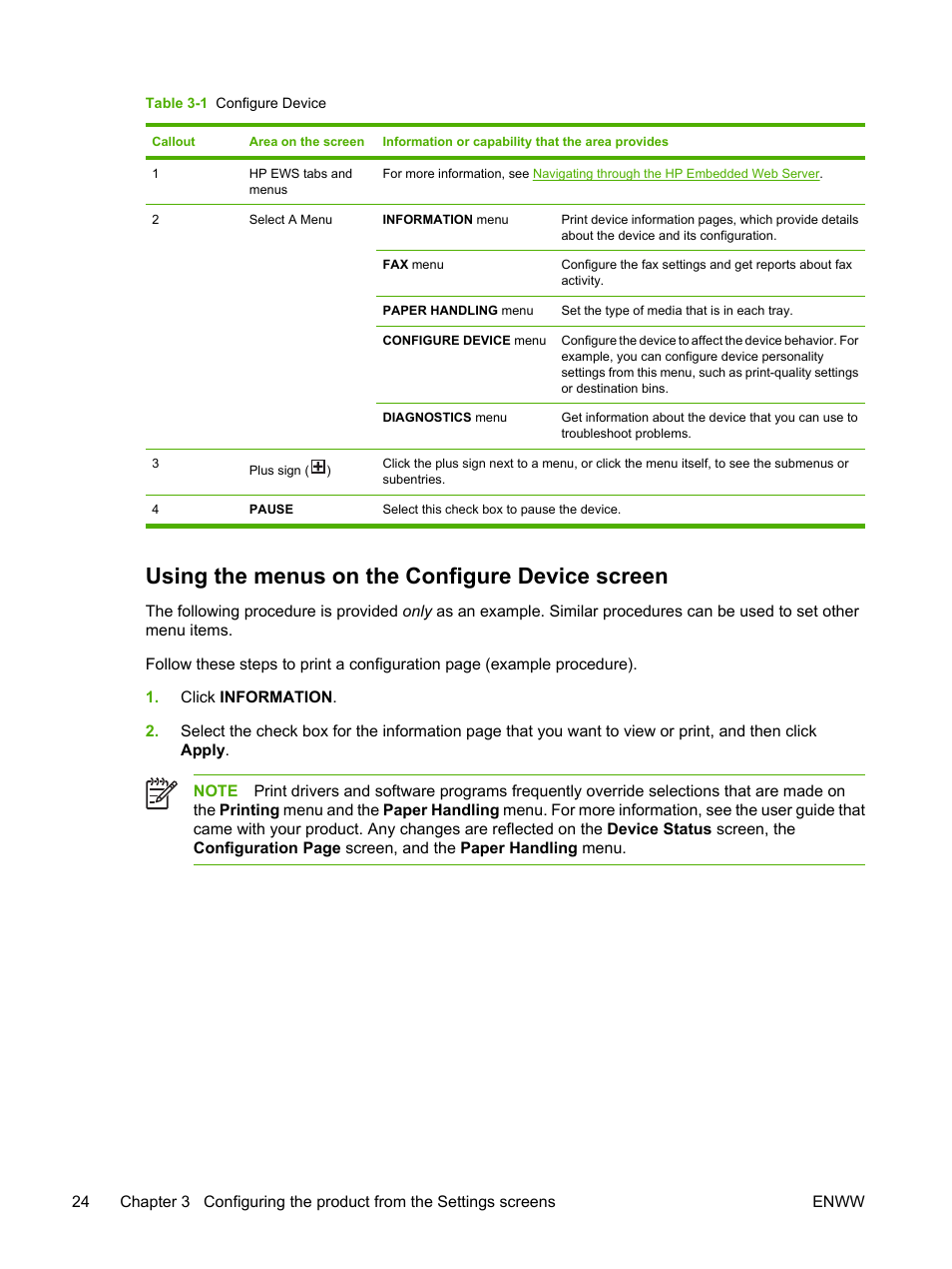 Using the menus on the configure device screen, Table 3-1 configure device | HP LaserJet M4345 Multifunction Printer series User Manual | Page 34 / 102