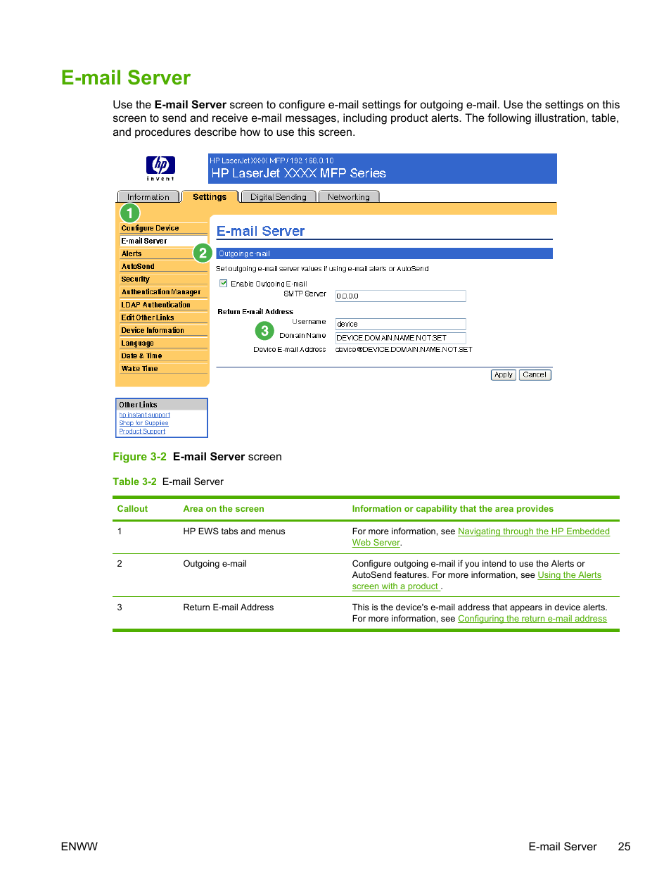 E-mail server, Table 3-2 e-mail server, Figure 3-2 e-mail server screen | HP LaserJet M4345 Multifunction Printer series User Manual | Page 35 / 102