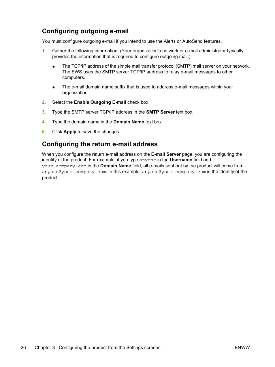 Configuring outgoing e-mail, Configuring the return e-mail address, E information, see | HP LaserJet M4345 Multifunction Printer series User Manual | Page 36 / 102