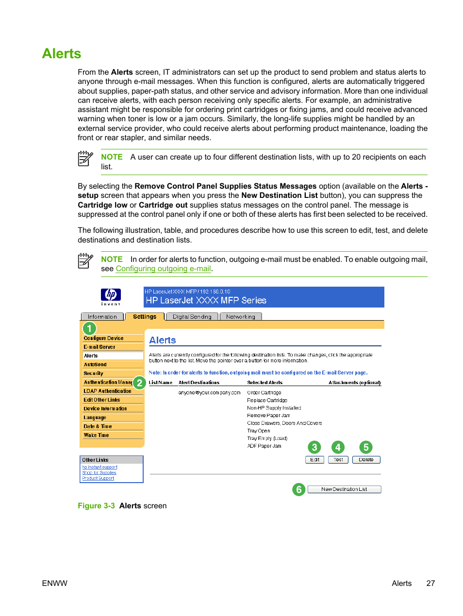 Alerts, Figure 3-3 alerts screen | HP LaserJet M4345 Multifunction Printer series User Manual | Page 37 / 102