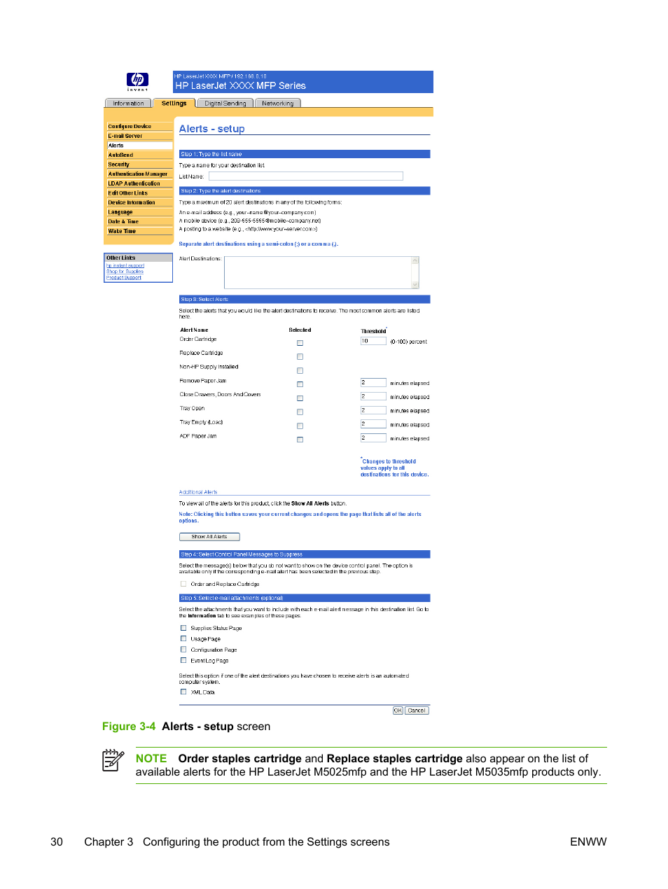 Figure 3-4 alerts - setup screen | HP LaserJet M4345 Multifunction Printer series User Manual | Page 40 / 102