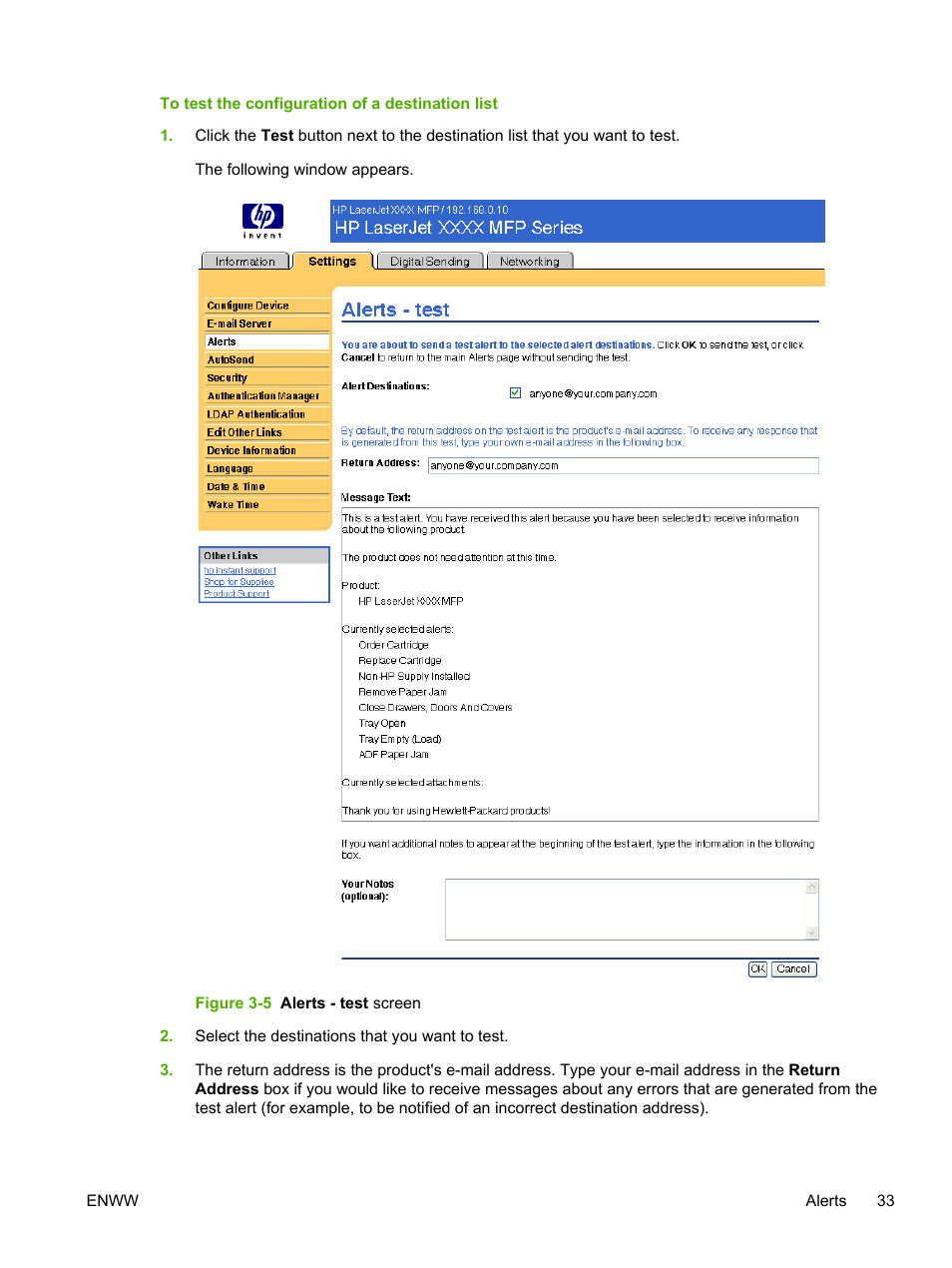 Figure 3-5 alerts - test screen | HP LaserJet M4345 Multifunction Printer series User Manual | Page 43 / 102