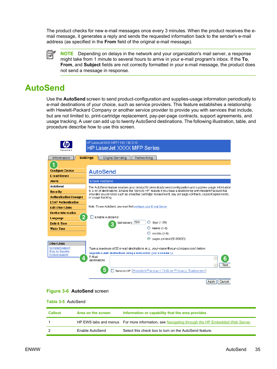 Autosend, Table 3-5 autosend, Figure 3-6 autosend screen | HP LaserJet M4345 Multifunction Printer series User Manual | Page 45 / 102