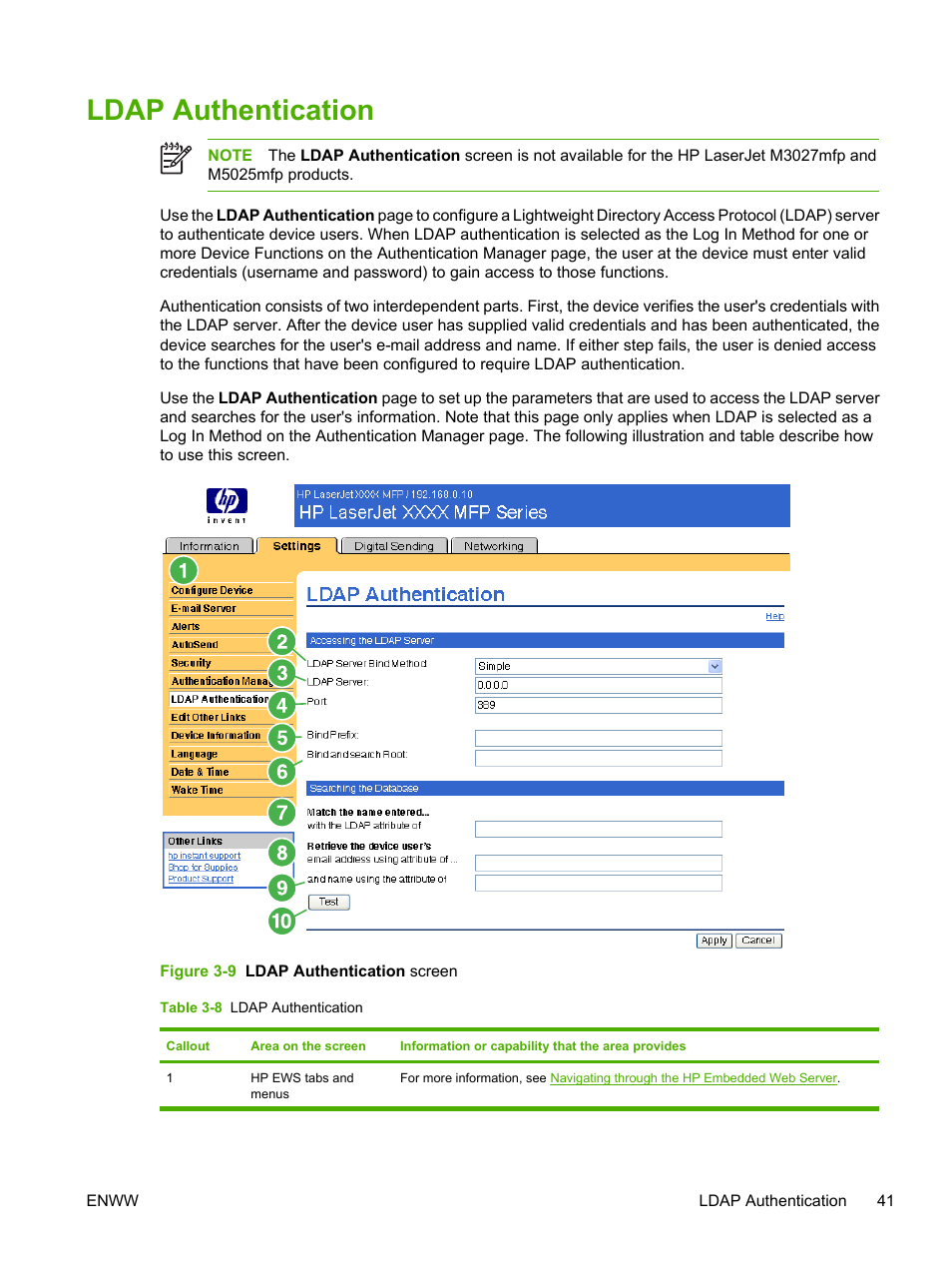 Ldap authentication, Table 3-8 ldap authentication, Figure 3-9 ldap authentication screen | HP LaserJet M4345 Multifunction Printer series User Manual | Page 51 / 102