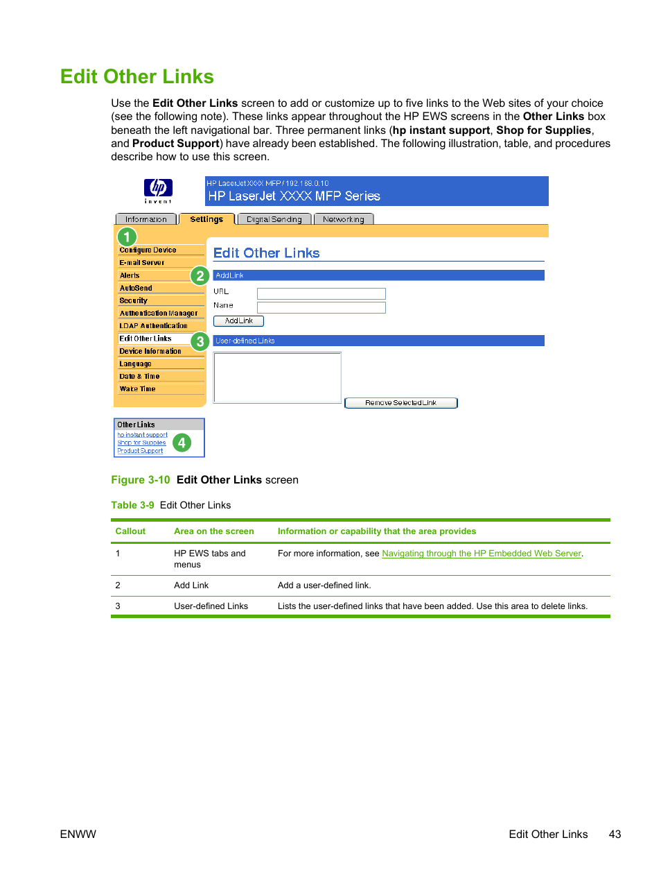 Edit other links, Table 3-9 edit other links, Figure 3-10 edit other links screen | HP LaserJet M4345 Multifunction Printer series User Manual | Page 53 / 102