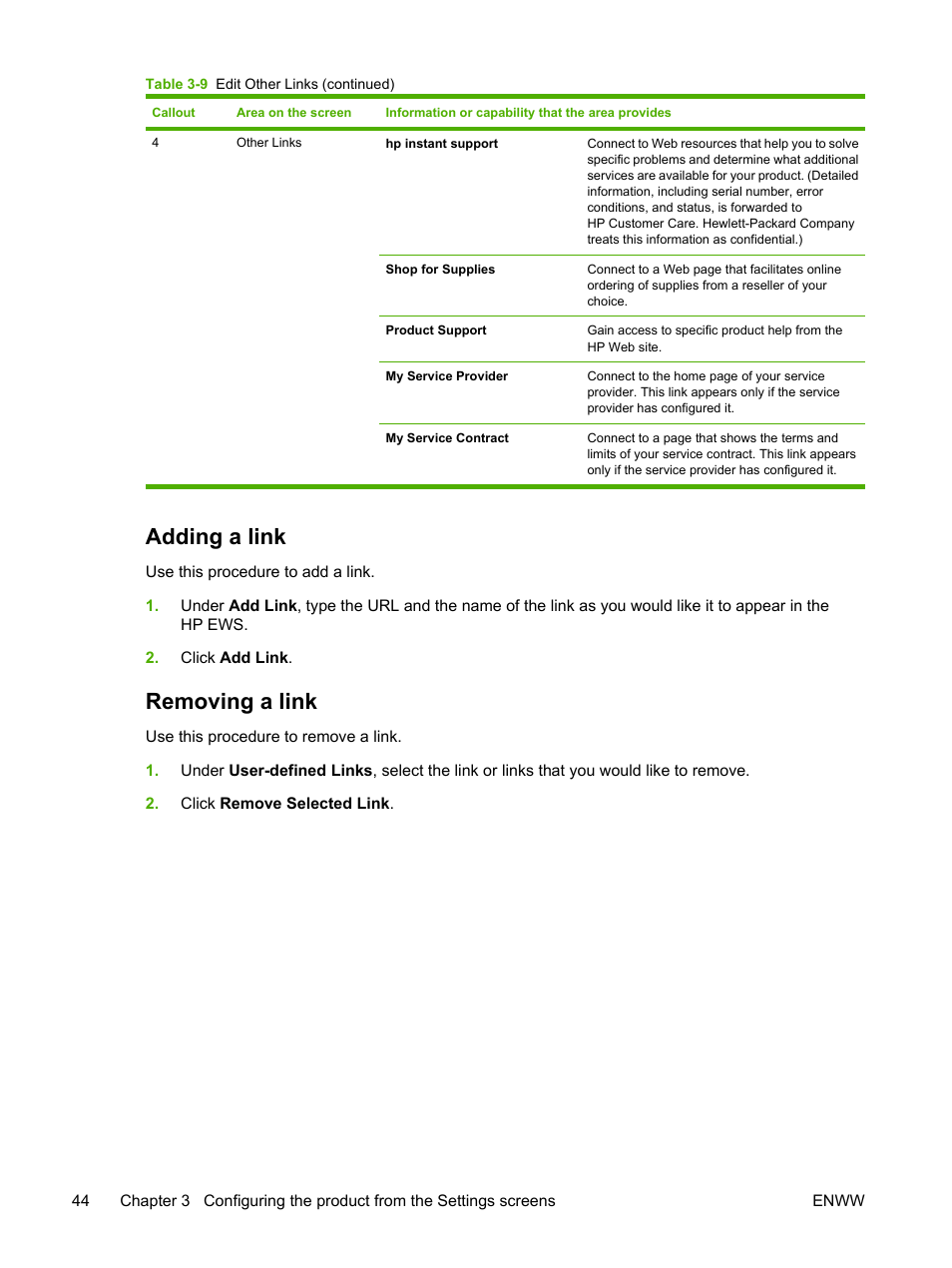 Adding a link, Removing a link | HP LaserJet M4345 Multifunction Printer series User Manual | Page 54 / 102