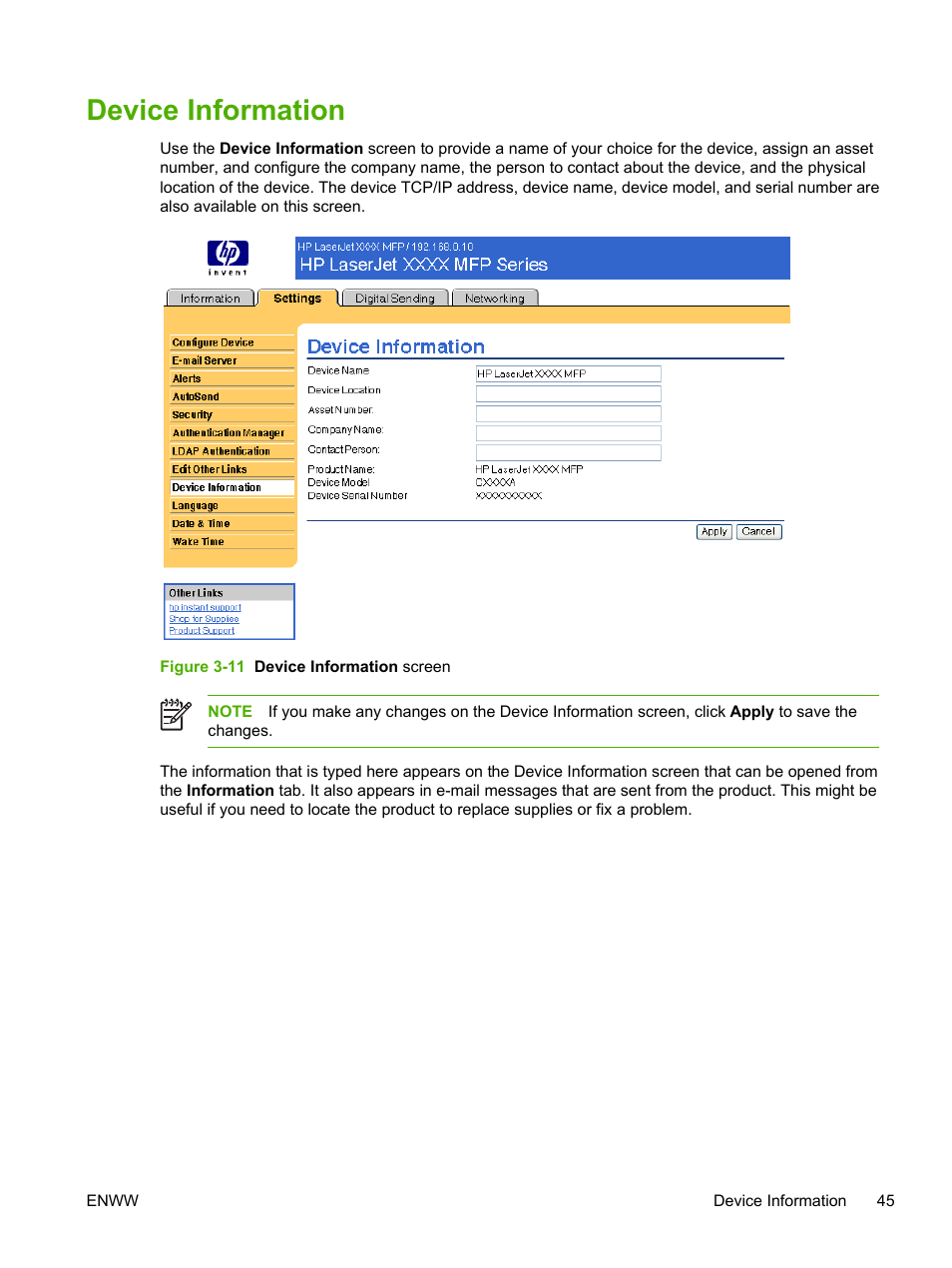 Device information, Figure 3-11 device information screen | HP LaserJet M4345 Multifunction Printer series User Manual | Page 55 / 102