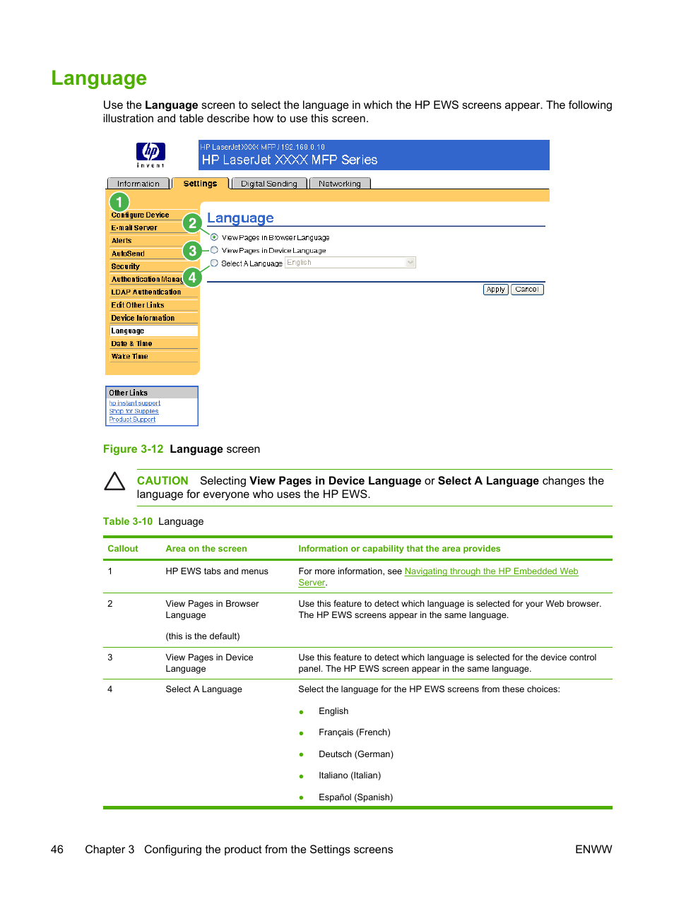 Language, Table 3-10 language, Figure 3-12 language screen | HP LaserJet M4345 Multifunction Printer series User Manual | Page 56 / 102