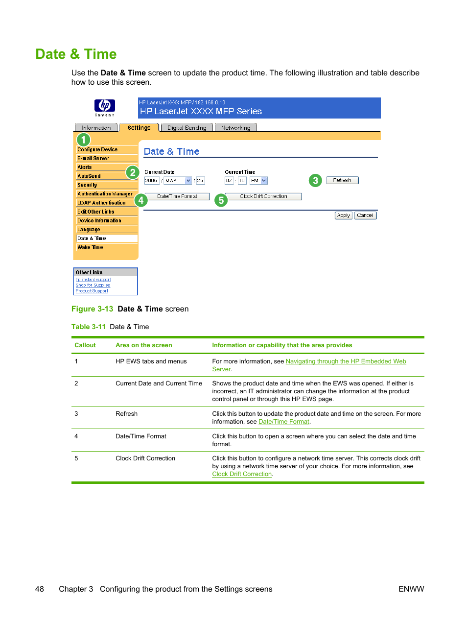 Date & time, Table 3-11 date & time, Figure 3-13 date & time screen | HP LaserJet M4345 Multifunction Printer series User Manual | Page 58 / 102