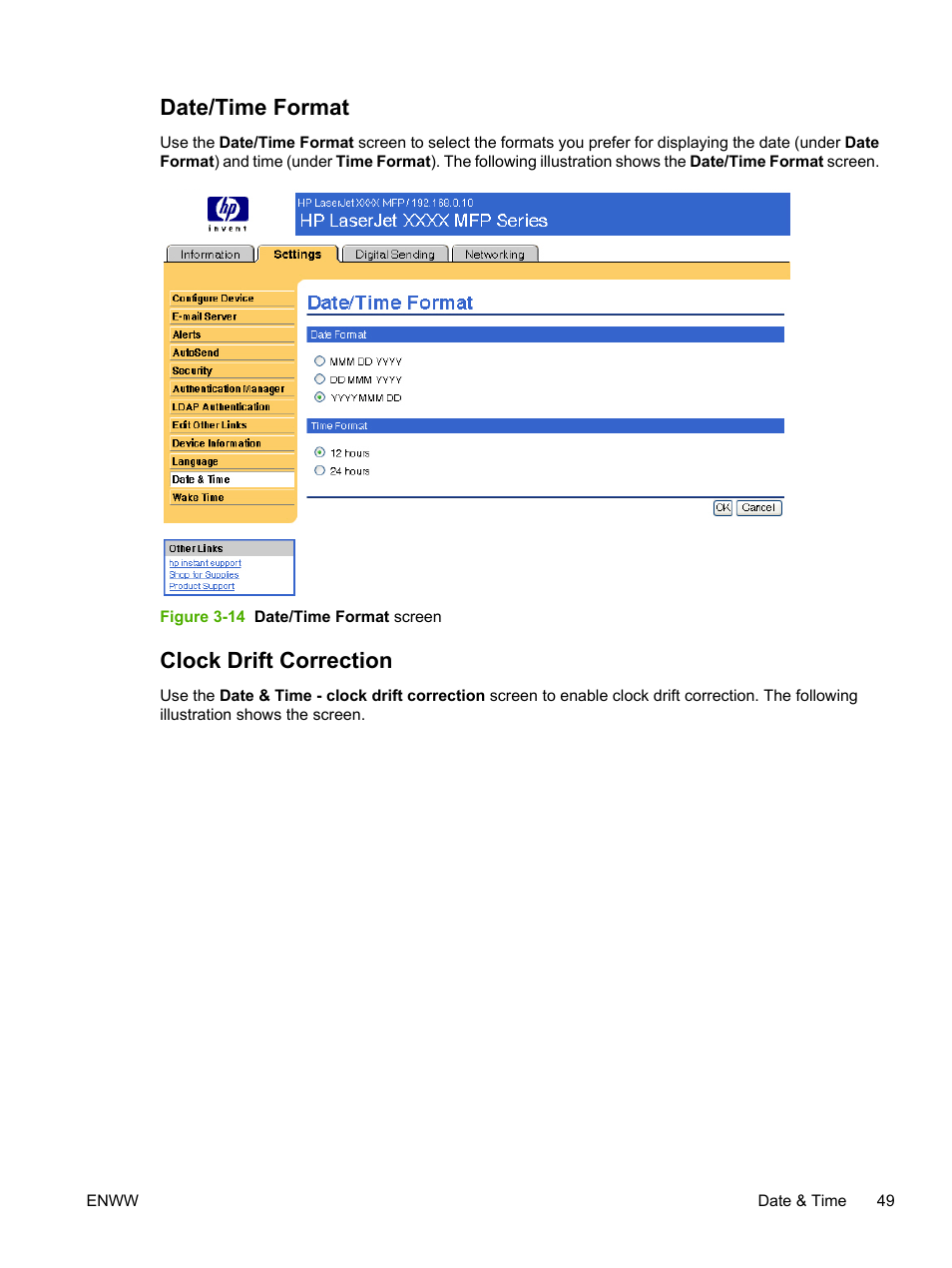 Date/time format, Clock drift correction, Date/time format clock drift correction | Figure 3-14 date/time format screen | HP LaserJet M4345 Multifunction Printer series User Manual | Page 59 / 102