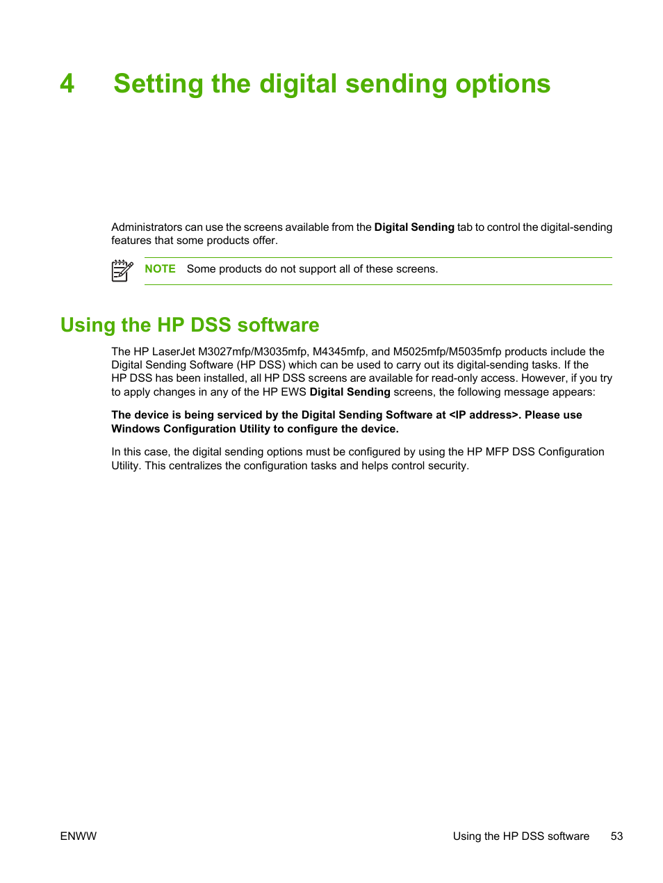 Setting the digital sending options, Using the hp dss software, 4 setting the digital sending options | 4setting the digital sending options | HP LaserJet M4345 Multifunction Printer series User Manual | Page 63 / 102