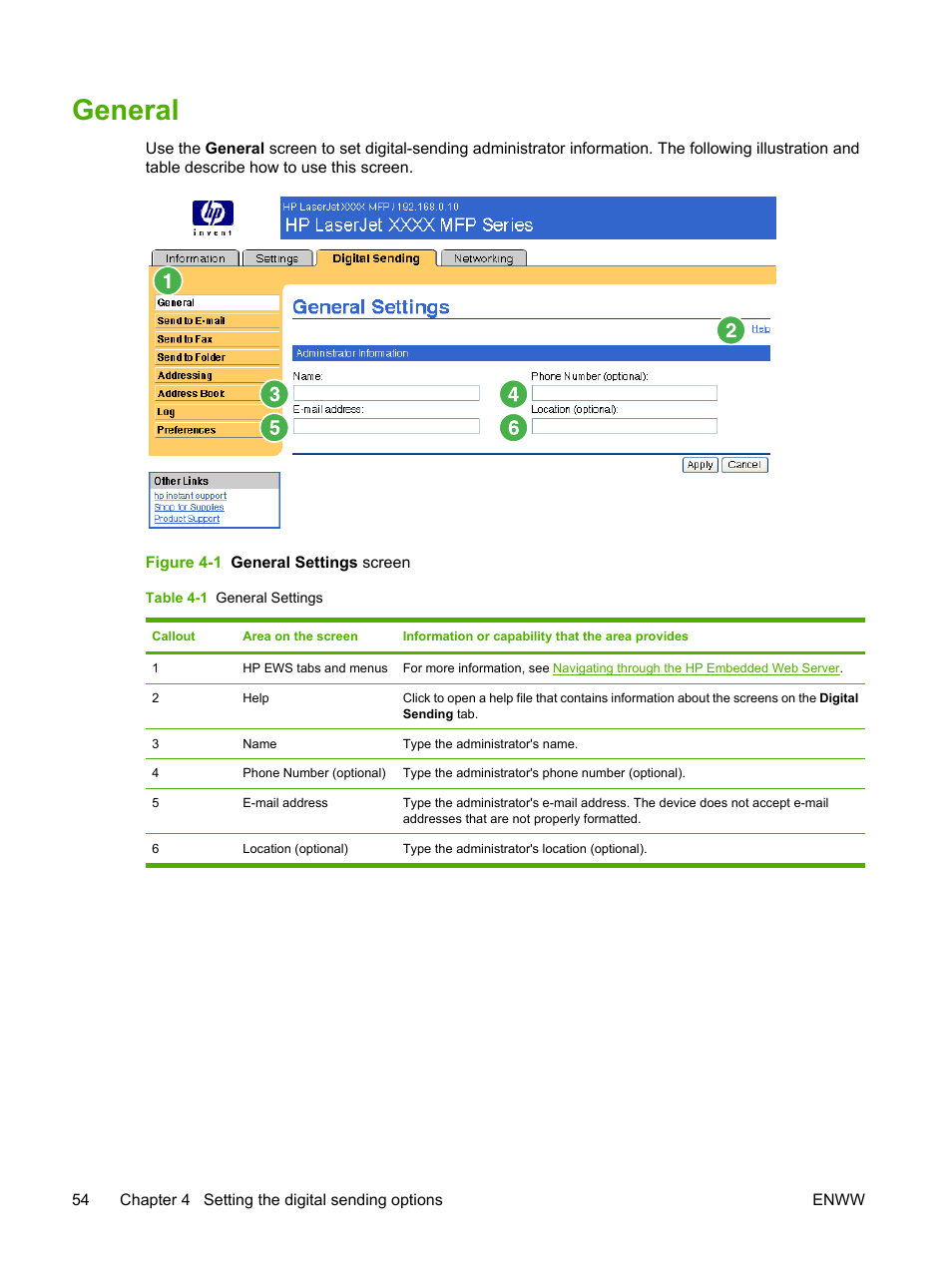 General, Table 4-1 general settings, Figure 4-1 general settings screen | HP LaserJet M4345 Multifunction Printer series User Manual | Page 64 / 102
