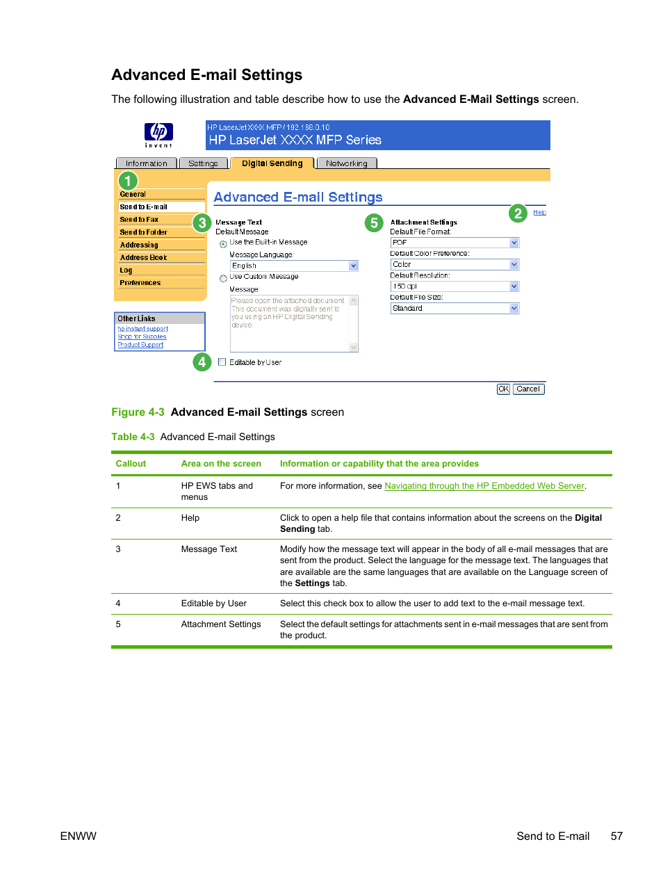 Advanced e-mail settings, Table 4-3 advanced e-mail settings, Figure 4-3 advanced e-mail settings screen | HP LaserJet M4345 Multifunction Printer series User Manual | Page 67 / 102