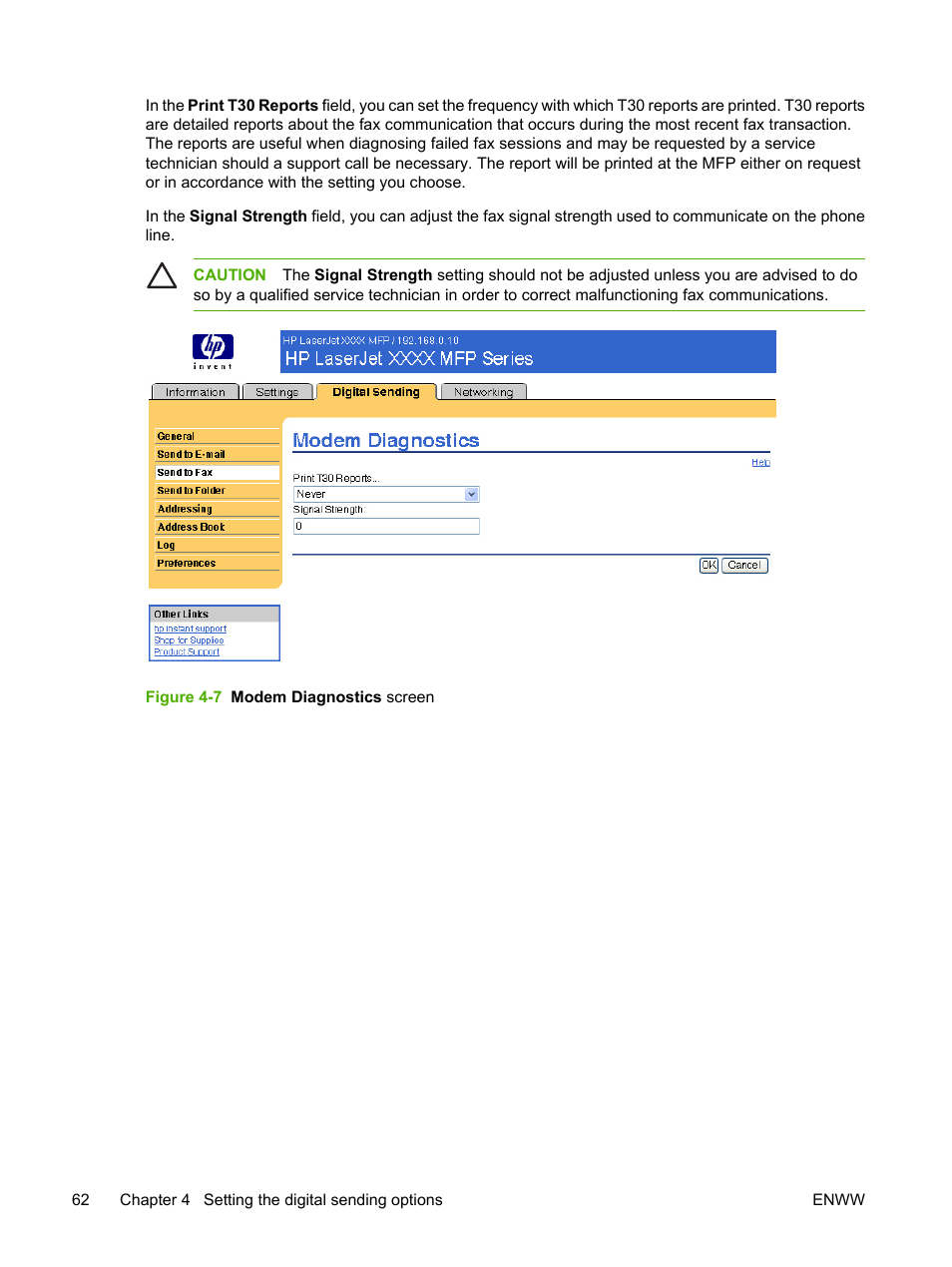 Figure 4-7 modem diagnostics screen | HP LaserJet M4345 Multifunction Printer series User Manual | Page 72 / 102