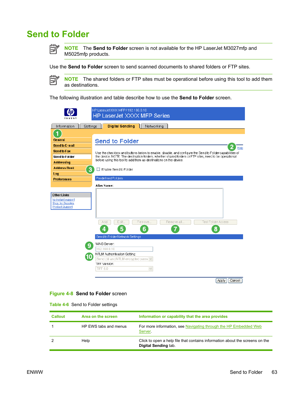 Send to folder, Table 4-6 send to folder settings, Figure 4-8 send to folder screen | HP LaserJet M4345 Multifunction Printer series User Manual | Page 73 / 102