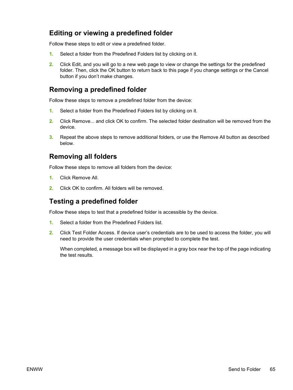 Editing or viewing a predefined folder, Removing a predefined folder, Removing all folders | Testing a predefined folder | HP LaserJet M4345 Multifunction Printer series User Manual | Page 75 / 102