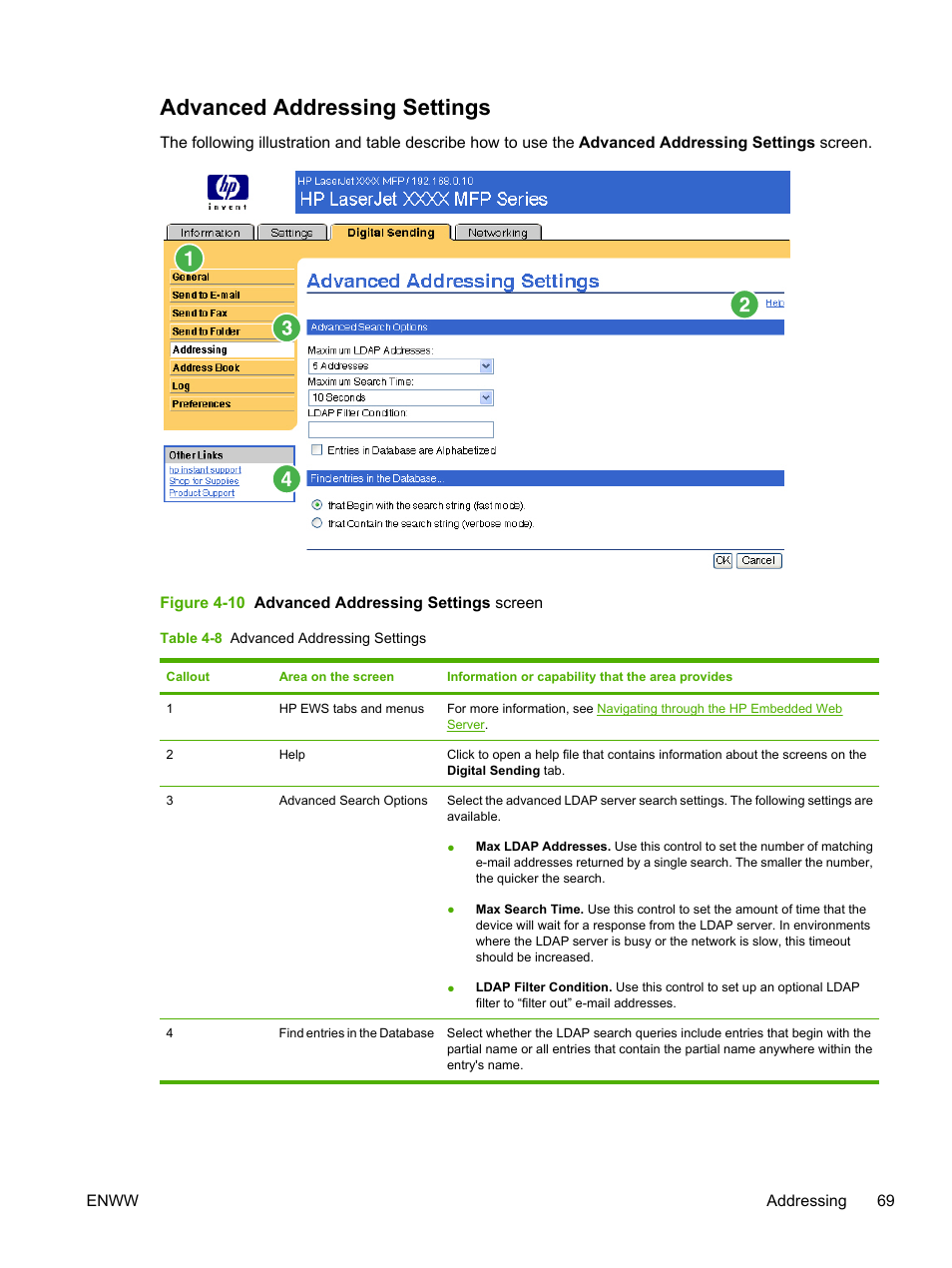 Advanced addressing settings, Table 4-8 advanced addressing settings, Figure 4-10 advanced addressing settings screen | HP LaserJet M4345 Multifunction Printer series User Manual | Page 79 / 102