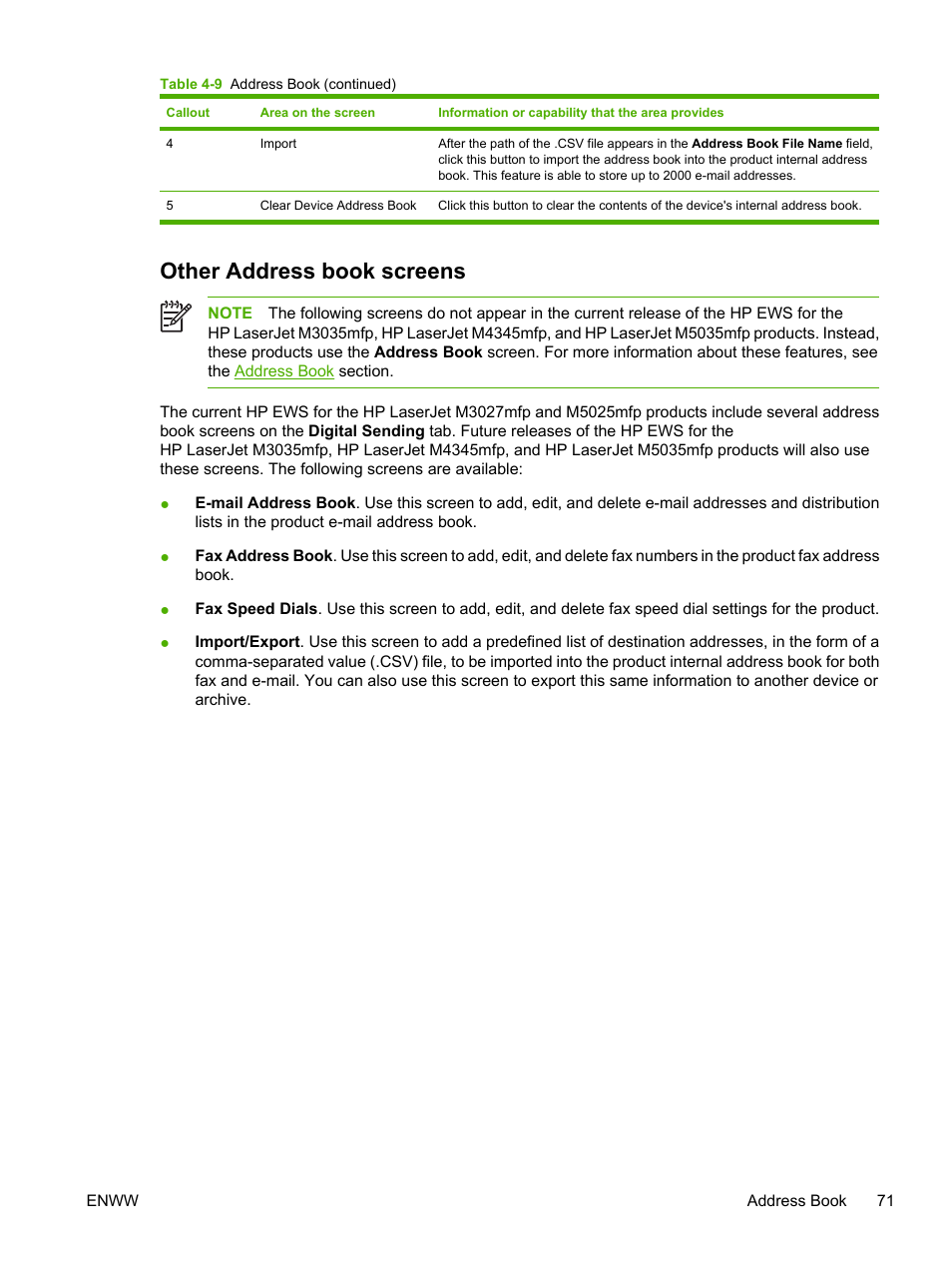 Other address book screens, Section | HP LaserJet M4345 Multifunction Printer series User Manual | Page 81 / 102