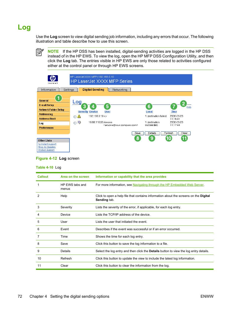 Table 4-10 log, Figure 4-12 log screen | HP LaserJet M4345 Multifunction Printer series User Manual | Page 82 / 102