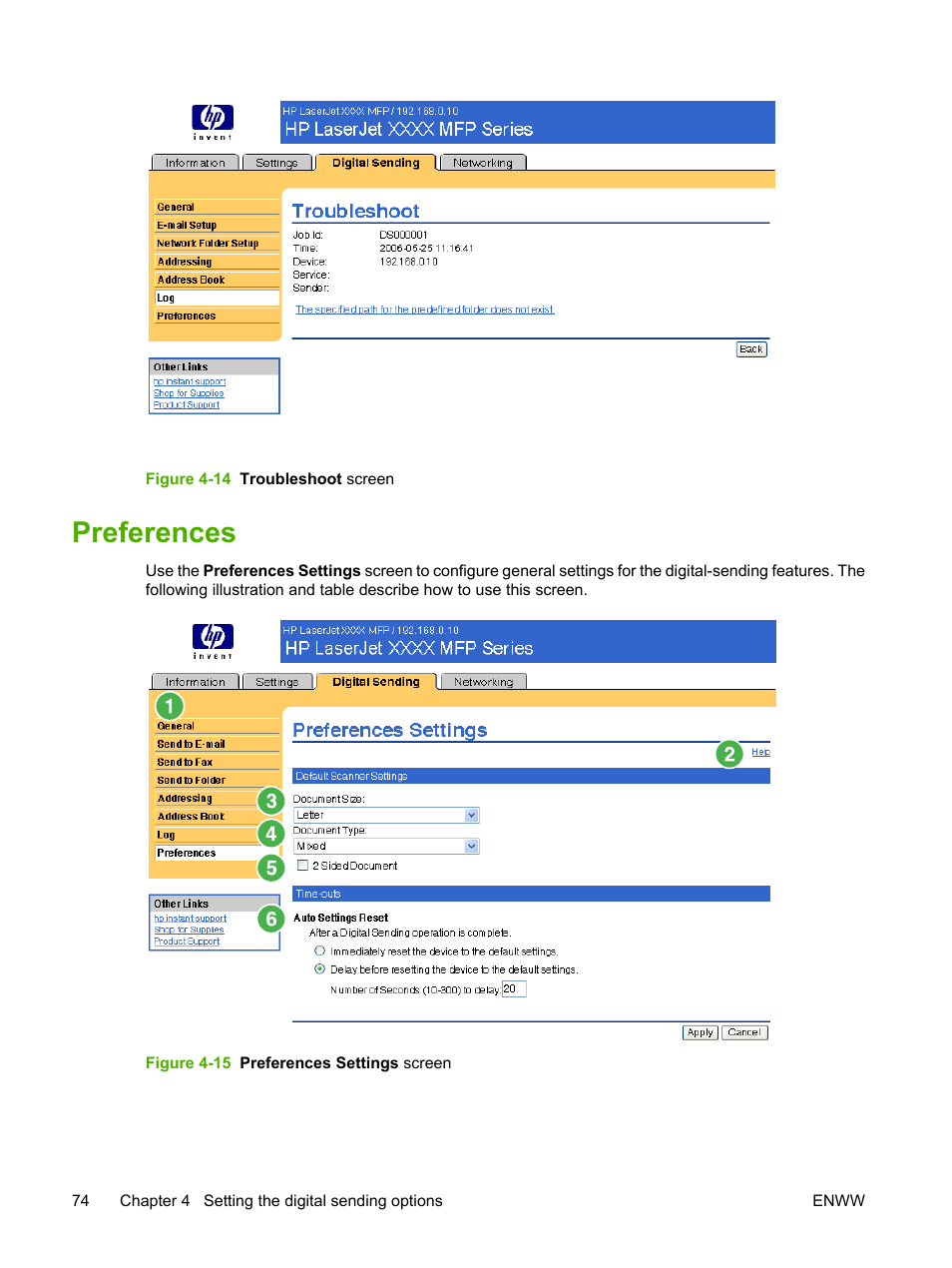 Preferences, Figure 4-14 troubleshoot screen, Figure 4-15 preferences settings screen | HP LaserJet M4345 Multifunction Printer series User Manual | Page 84 / 102