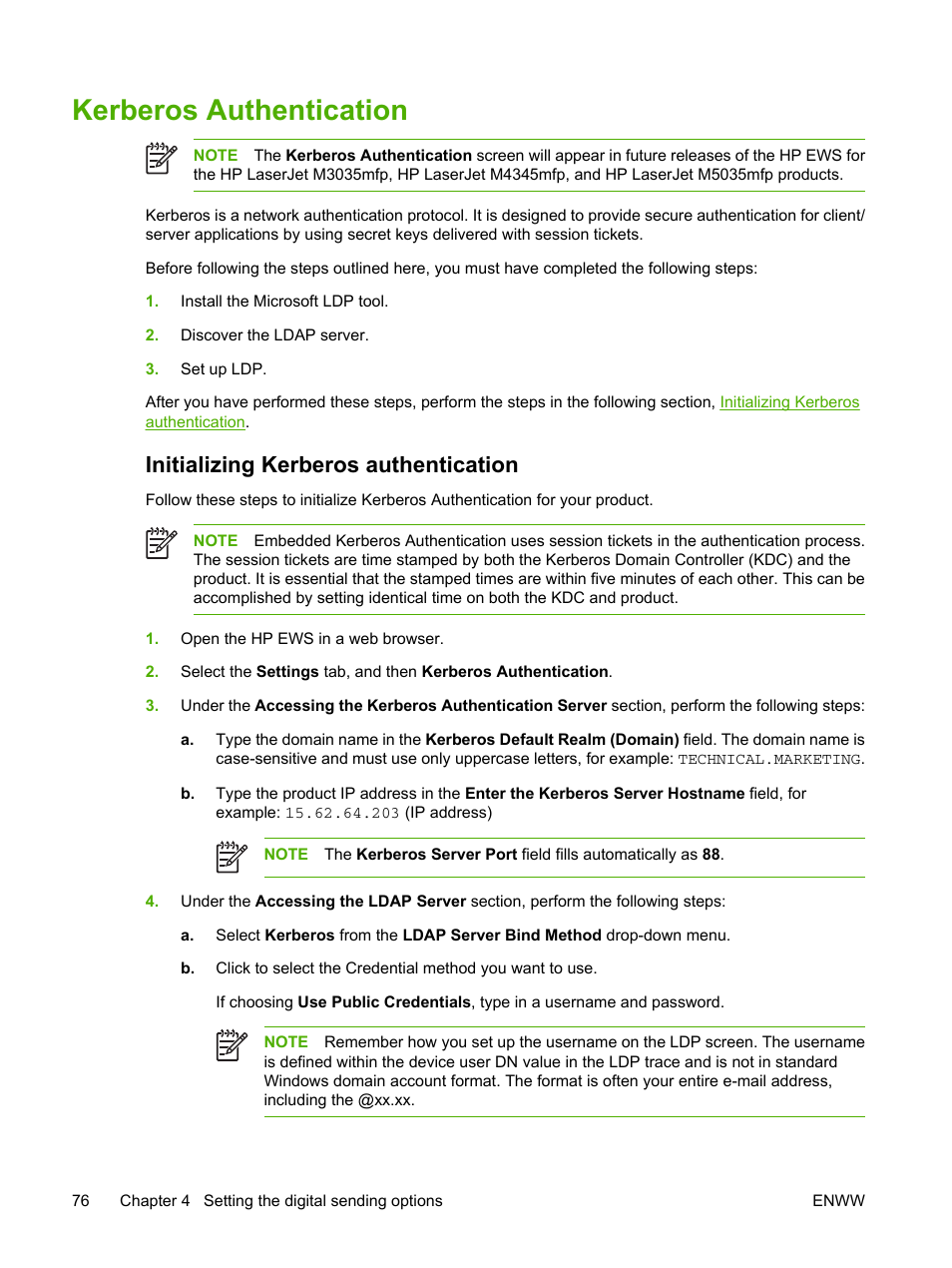 Kerberos authentication, Initializing kerberos authentication | HP LaserJet M4345 Multifunction Printer series User Manual | Page 86 / 102