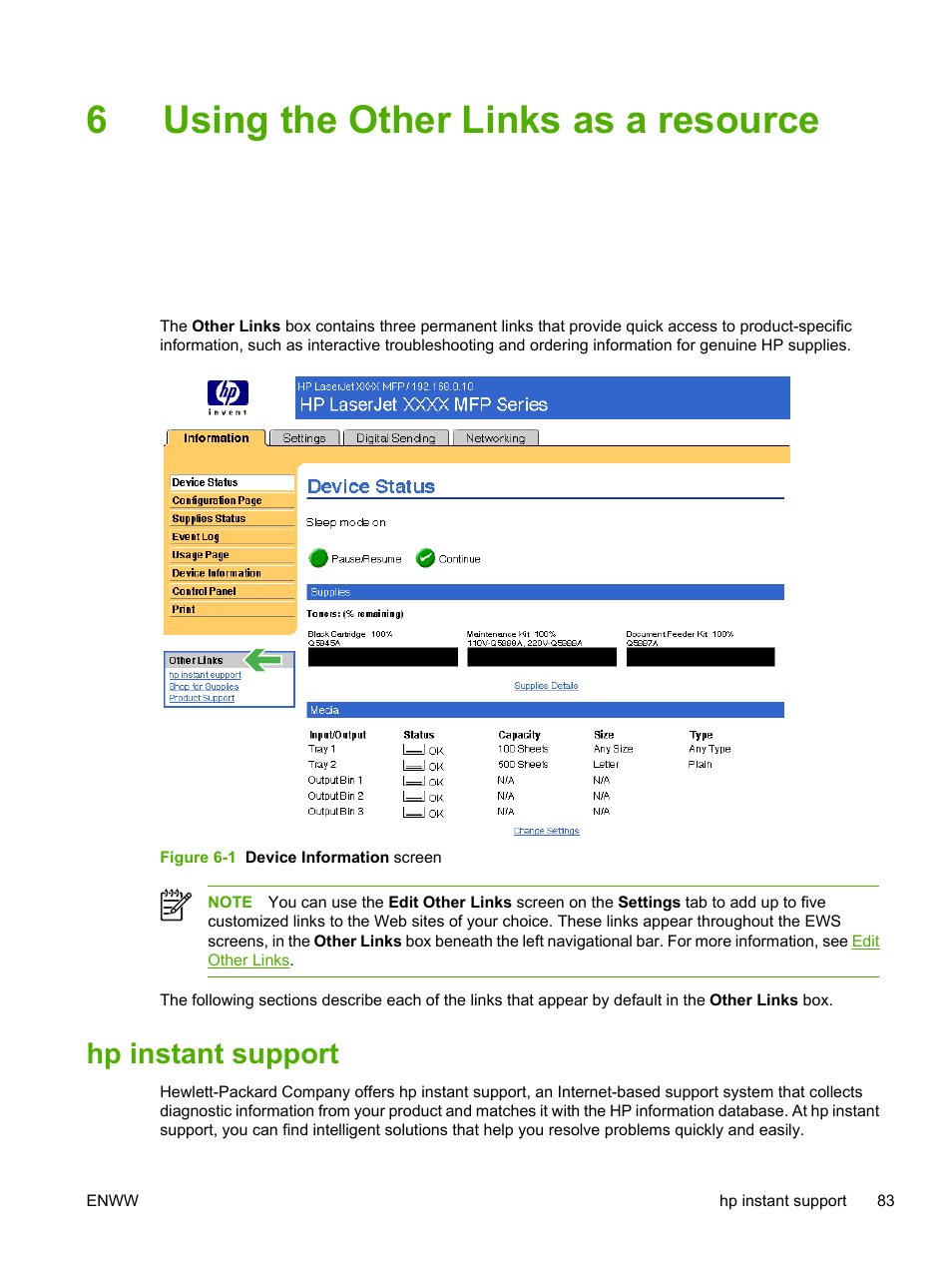 Using the other links as a resource, Hp instant support, 6 using the other links as a resource | Figure 6-1 device information screen, Using the other links as a, Resource, 6using the other links as a resource | HP LaserJet M4345 Multifunction Printer series User Manual | Page 93 / 102