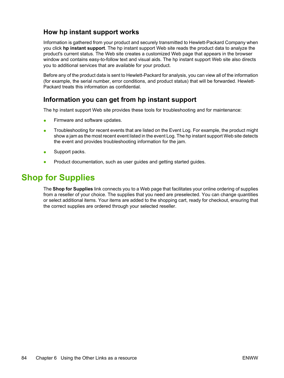 How hp instant support works, Information you can get from hp instant support, Shop for supplies | HP LaserJet M4345 Multifunction Printer series User Manual | Page 94 / 102
