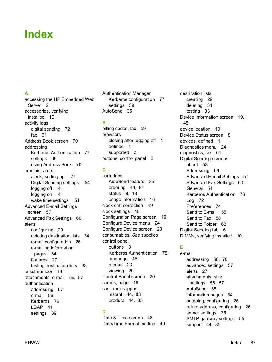 Index | HP LaserJet M4345 Multifunction Printer series User Manual | Page 97 / 102