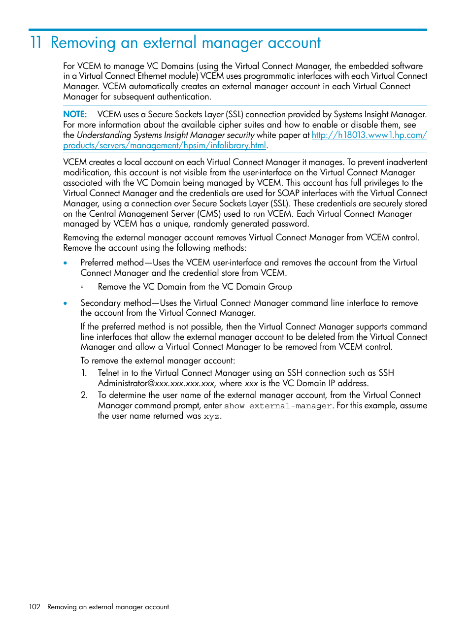 11 removing an external manager account | HP Virtual Connect Enterprise Manager Software User Manual | Page 102 / 136