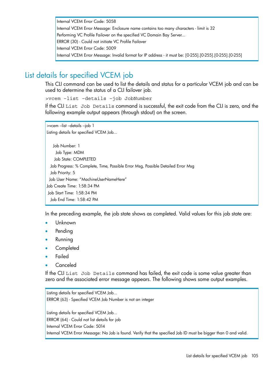 List details for specified vcem job | HP Virtual Connect Enterprise Manager Software User Manual | Page 105 / 136