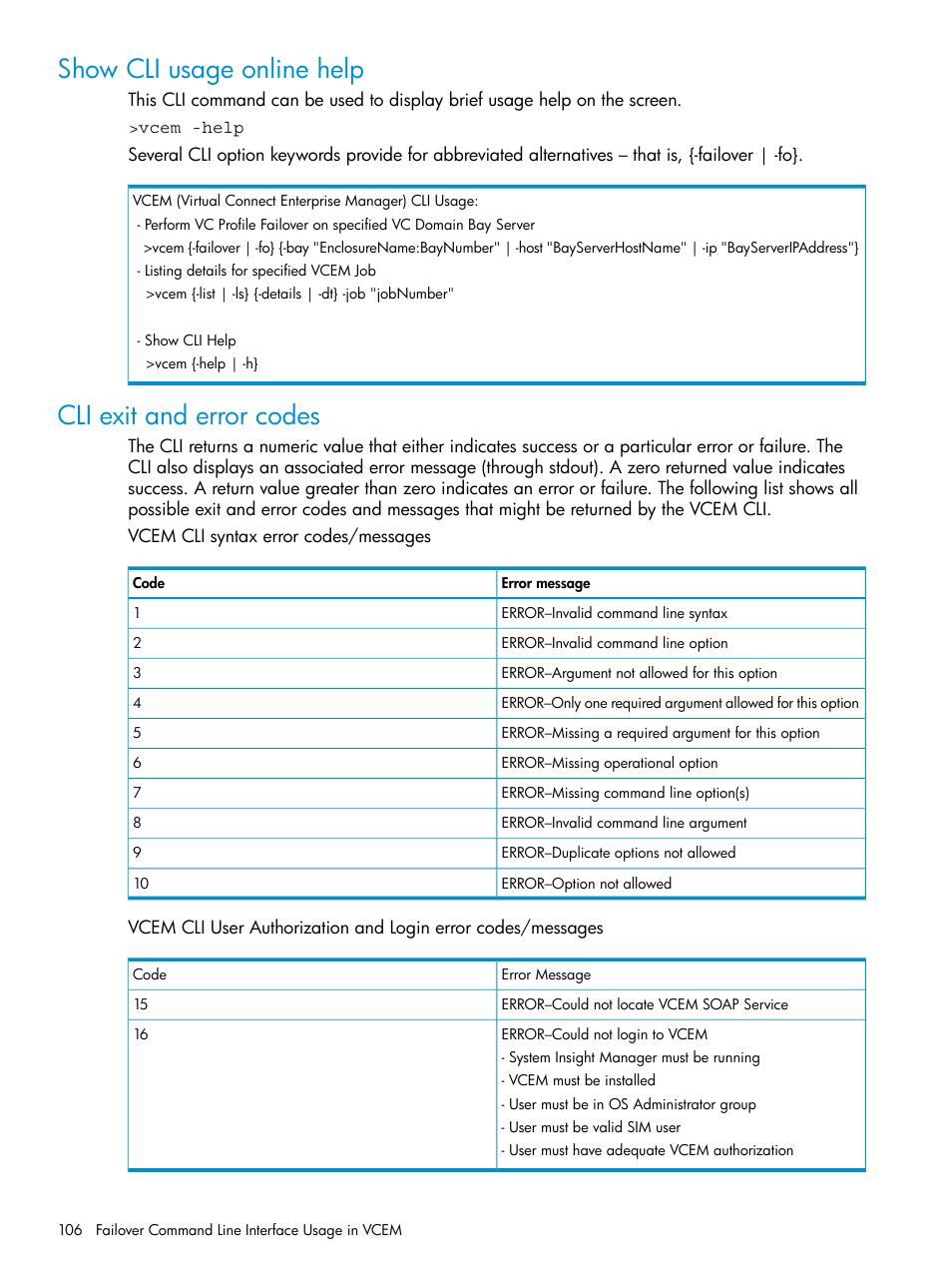 Show cli usage online help, Cli exit and error codes | HP Virtual Connect Enterprise Manager Software User Manual | Page 106 / 136