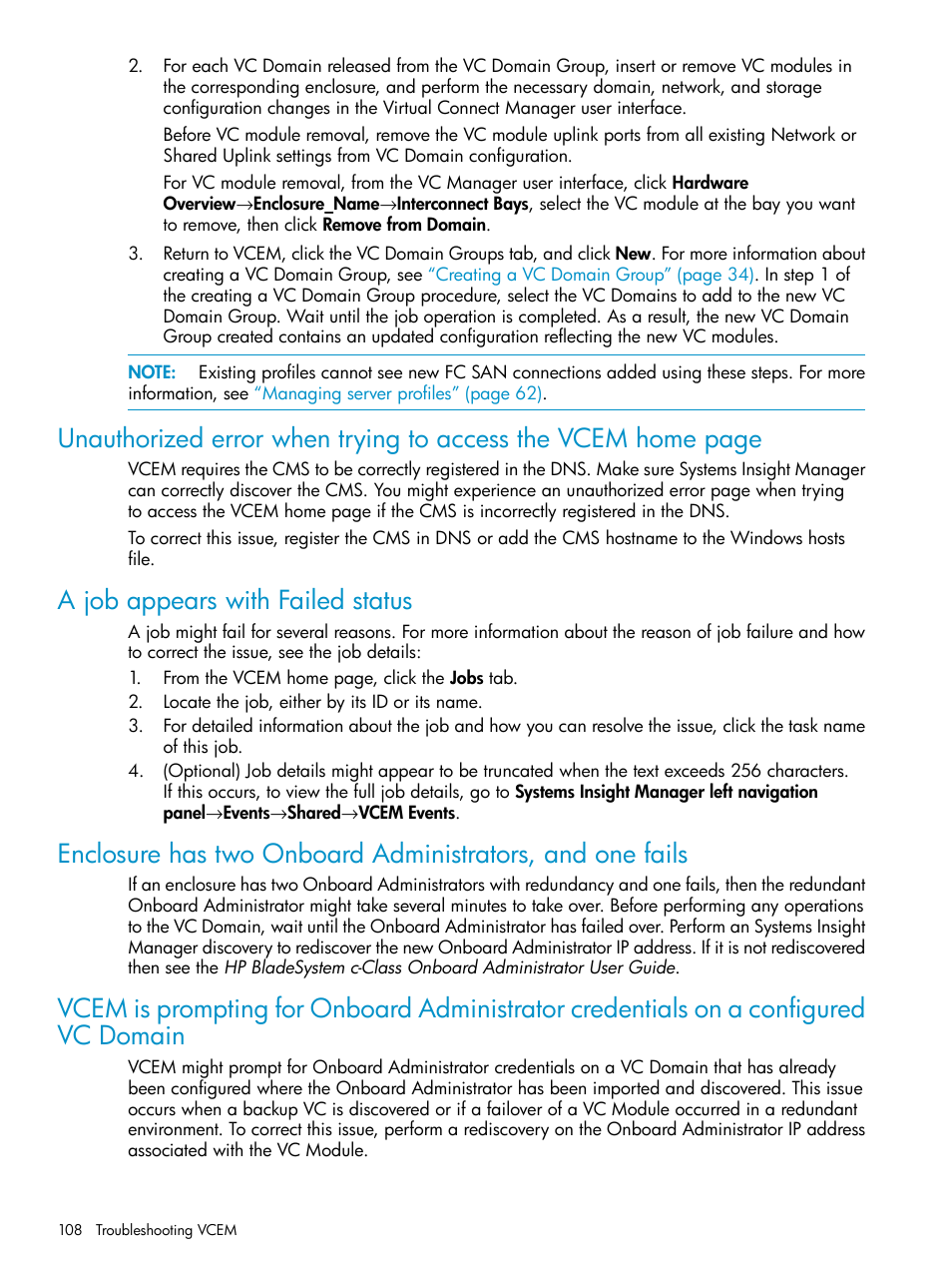 A job appears with failed status | HP Virtual Connect Enterprise Manager Software User Manual | Page 108 / 136