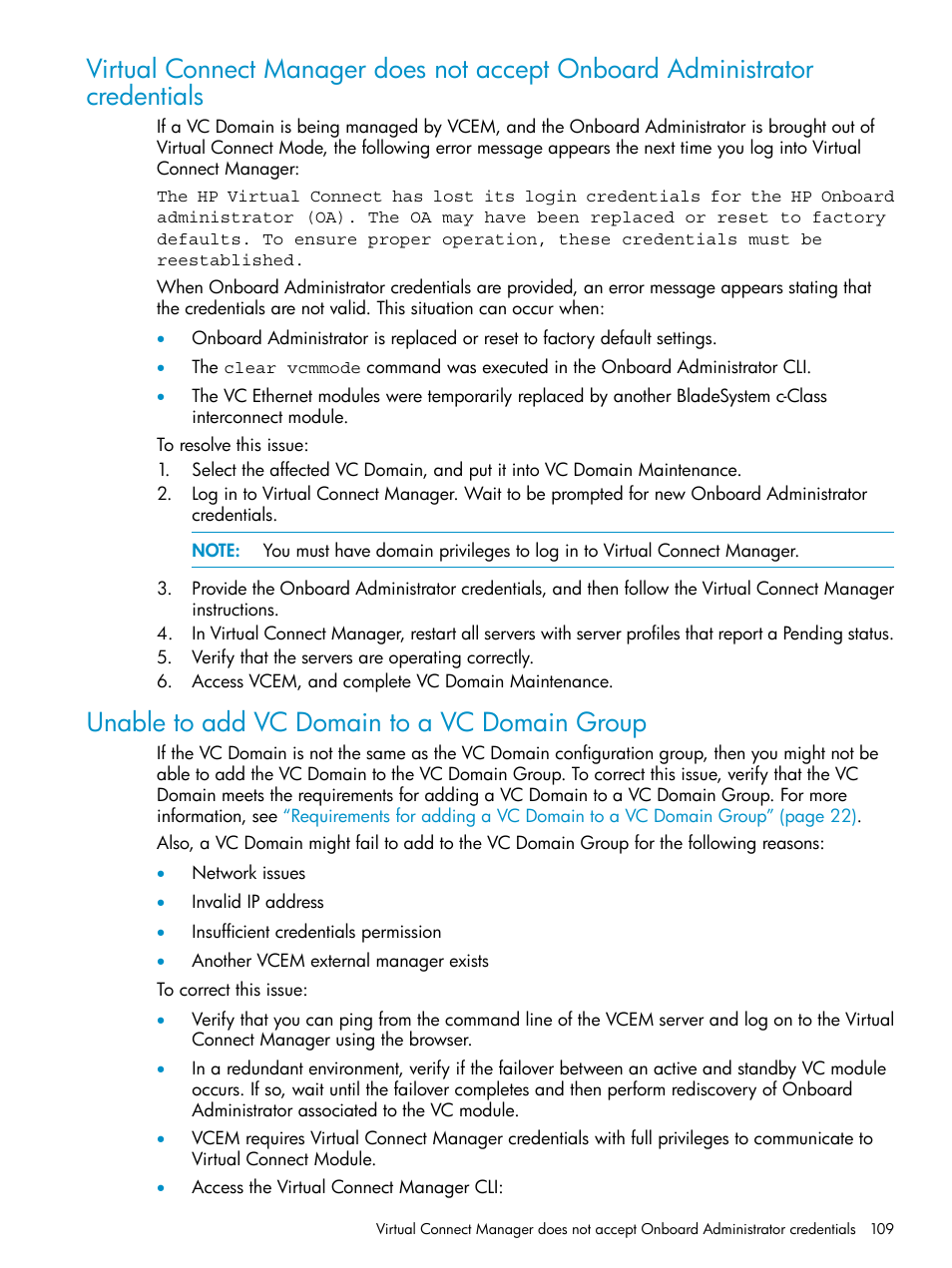 Unable to add vc domain to a vc domain group | HP Virtual Connect Enterprise Manager Software User Manual | Page 109 / 136