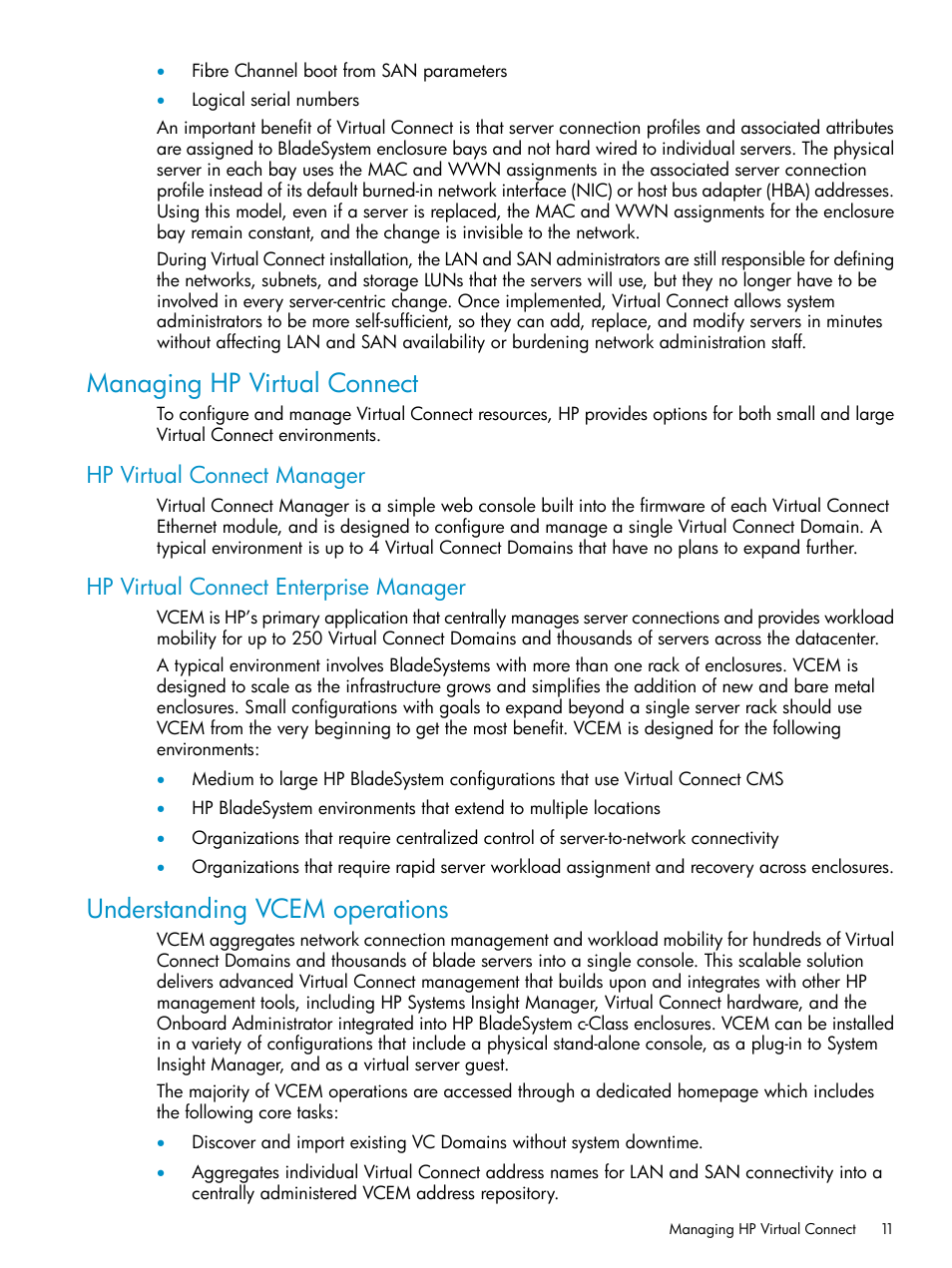 Managing hp virtual connect, Hp virtual connect manager, Hp virtual connect enterprise manager | Understanding vcem operations | HP Virtual Connect Enterprise Manager Software User Manual | Page 11 / 136