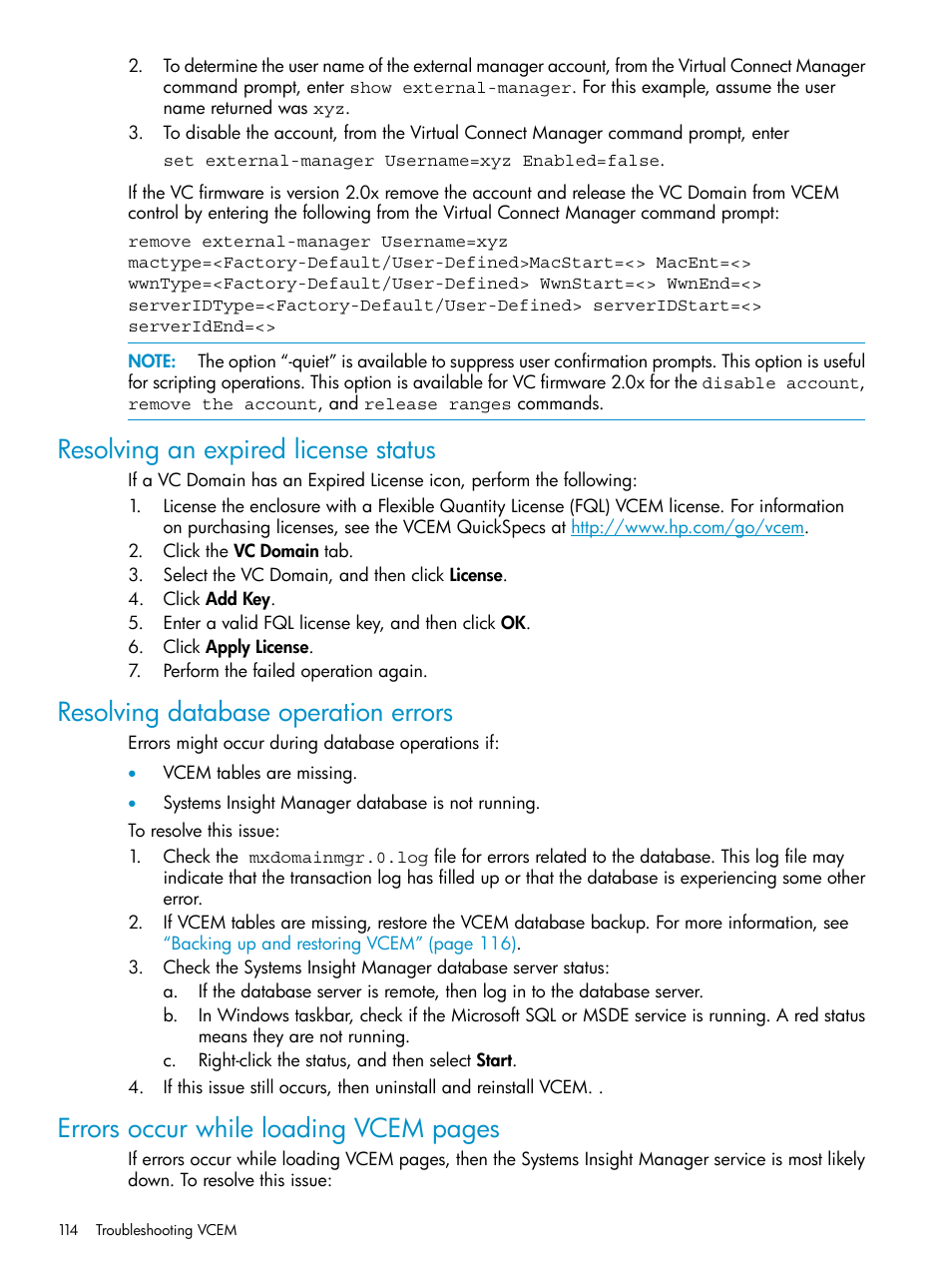 Resolving an expired license status, Resolving database operation errors, Errors occur while loading vcem pages | HP Virtual Connect Enterprise Manager Software User Manual | Page 114 / 136