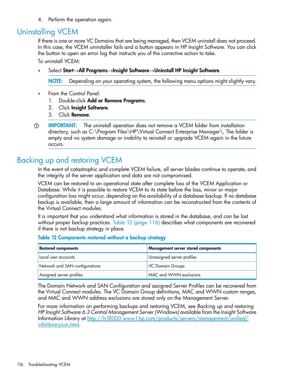 Uninstalling vcem, Backing up and restoring vcem, Uninstalling vcem backing up and restoring vcem | HP Virtual Connect Enterprise Manager Software User Manual | Page 116 / 136