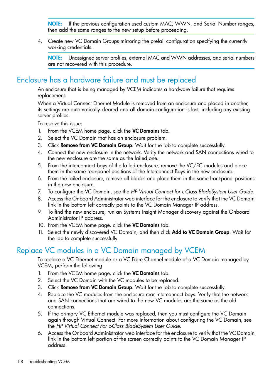 Replace vc modules in a vc domain managed by vcem | HP Virtual Connect Enterprise Manager Software User Manual | Page 118 / 136