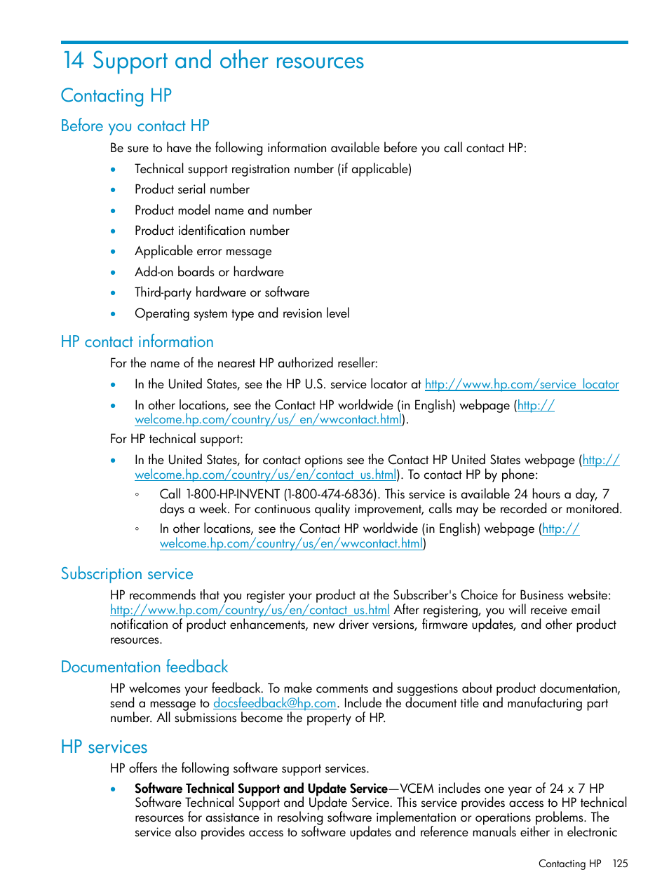 14 support and other resources, Contacting hp, Before you contact hp | Hp contact information, Subscription service, Documentation feedback, Hp services | HP Virtual Connect Enterprise Manager Software User Manual | Page 125 / 136