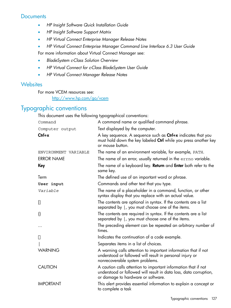 Documents, Websites, Typographic conventions | Documents websites | HP Virtual Connect Enterprise Manager Software User Manual | Page 127 / 136