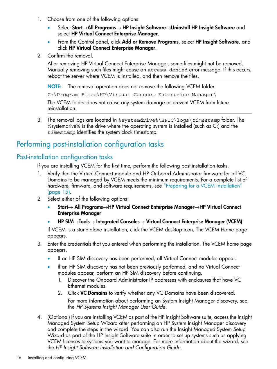 Performing post-installation configuration tasks, Post-installation configuration tasks | HP Virtual Connect Enterprise Manager Software User Manual | Page 16 / 136