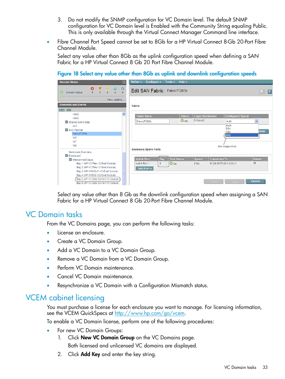 Vc domain tasks, Vcem cabinet licensing, Vc domain tasks vcem cabinet licensing | HP Virtual Connect Enterprise Manager Software User Manual | Page 33 / 136