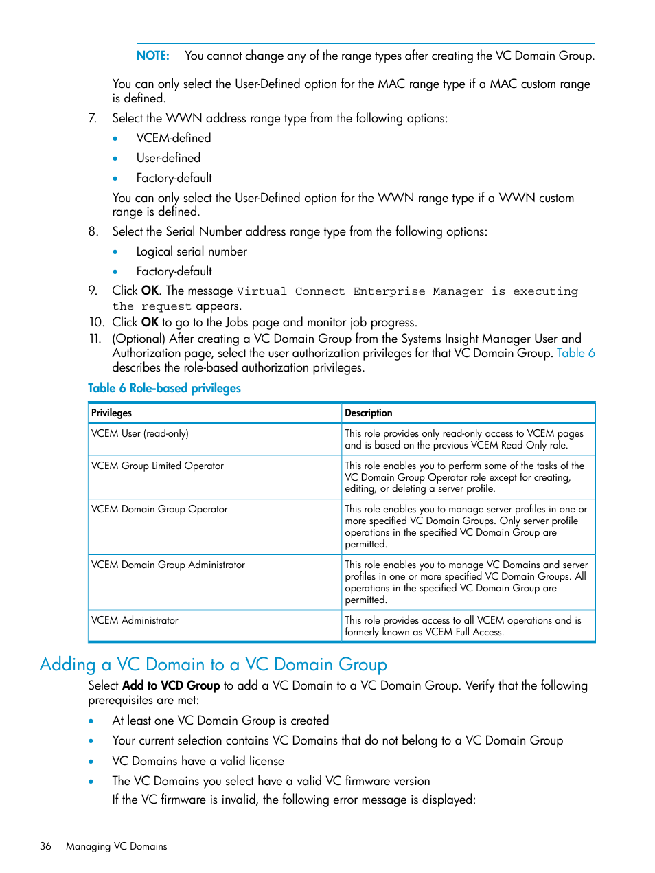 Adding a vc domain to a vc domain group | HP Virtual Connect Enterprise Manager Software User Manual | Page 36 / 136