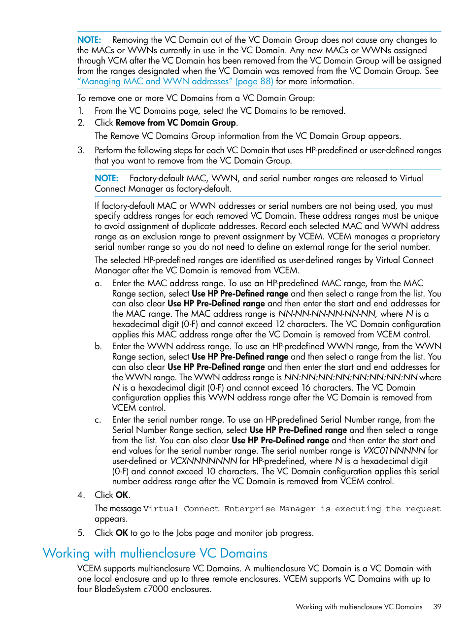 Working with multienclosure vc domains | HP Virtual Connect Enterprise Manager Software User Manual | Page 39 / 136