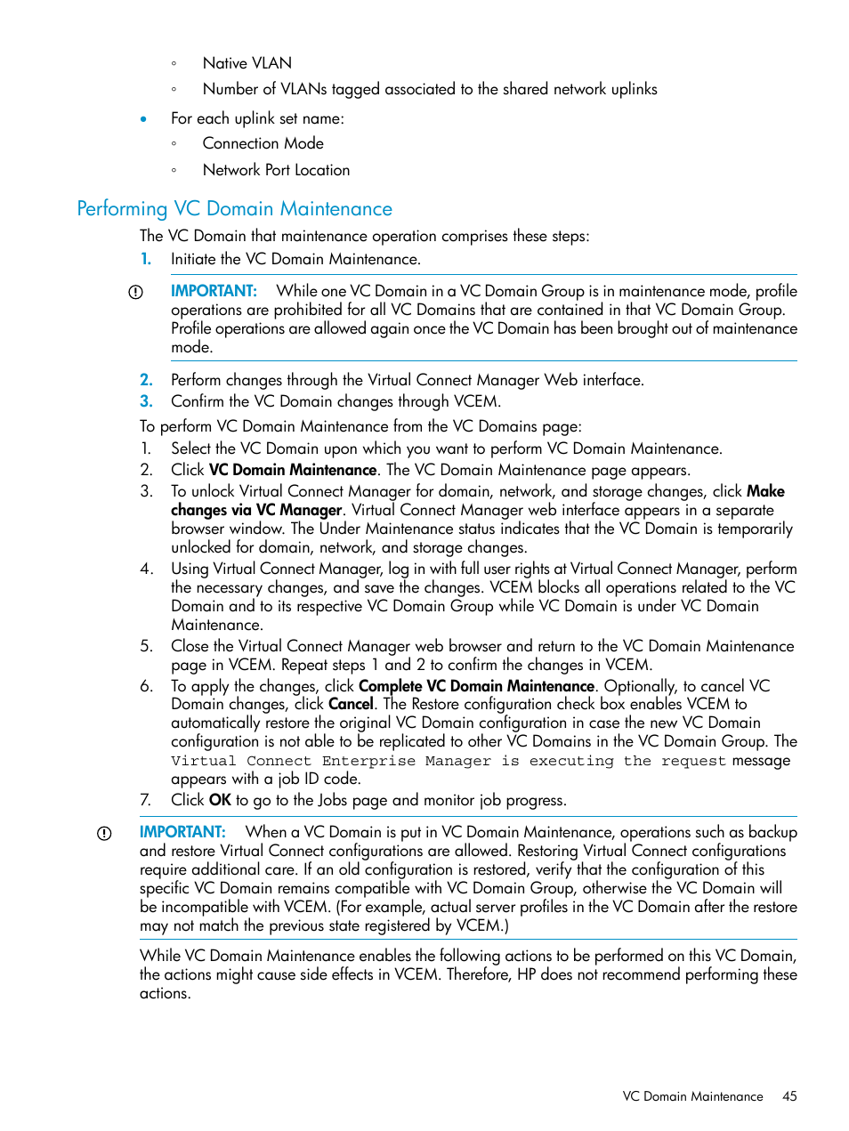 Performing vc domain maintenance | HP Virtual Connect Enterprise Manager Software User Manual | Page 45 / 136