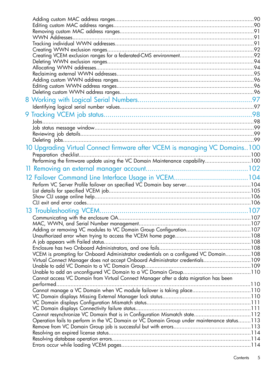 8 working with logical serial numbers, 9 tracking vcem job status, 13 troubleshooting vcem | HP Virtual Connect Enterprise Manager Software User Manual | Page 5 / 136