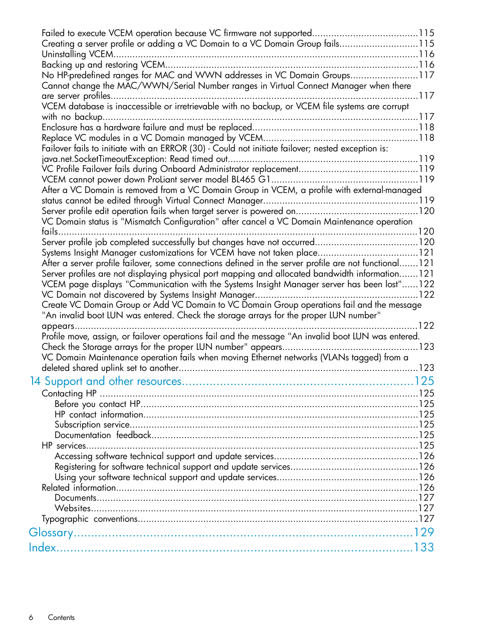 14 support and other resources, Glossary index | HP Virtual Connect Enterprise Manager Software User Manual | Page 6 / 136