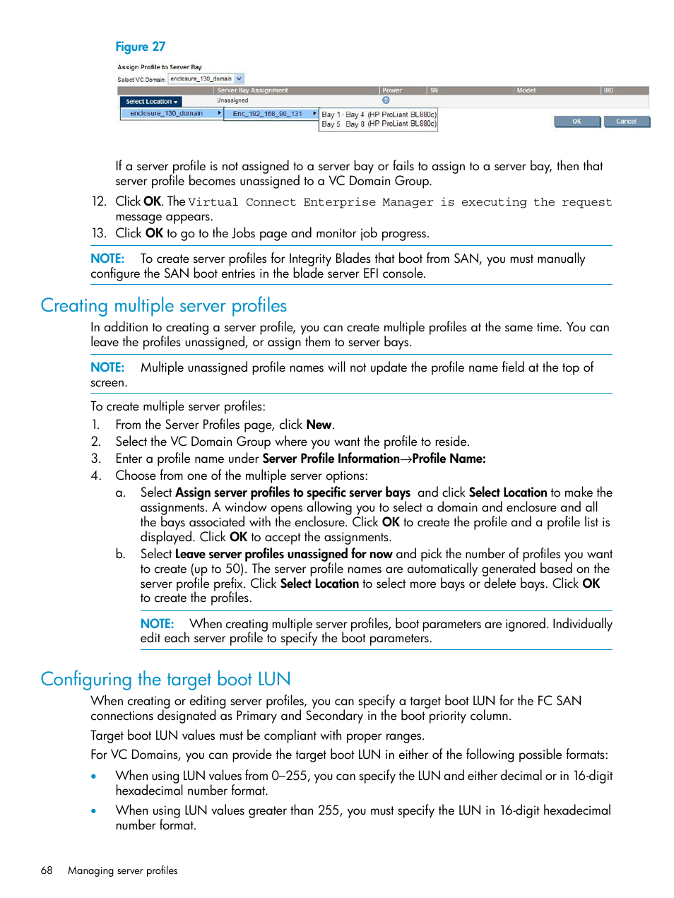 Creating multiple server profiles, Configuring the target boot lun | HP Virtual Connect Enterprise Manager Software User Manual | Page 68 / 136