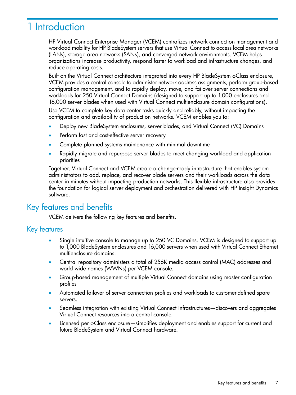 1 introduction, Key features and benefits, Key features | HP Virtual Connect Enterprise Manager Software User Manual | Page 7 / 136