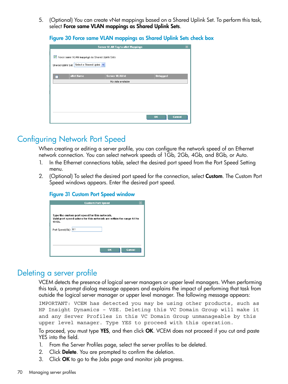 Configuring network port speed, Deleting a server profile | HP Virtual Connect Enterprise Manager Software User Manual | Page 70 / 136