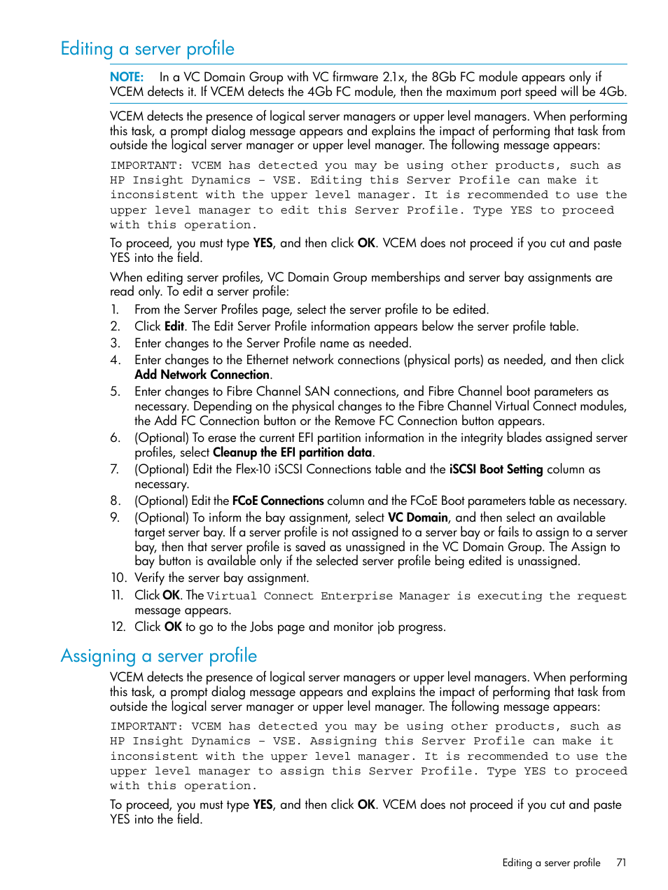 Editing a server profile, Assigning a server profile | HP Virtual Connect Enterprise Manager Software User Manual | Page 71 / 136